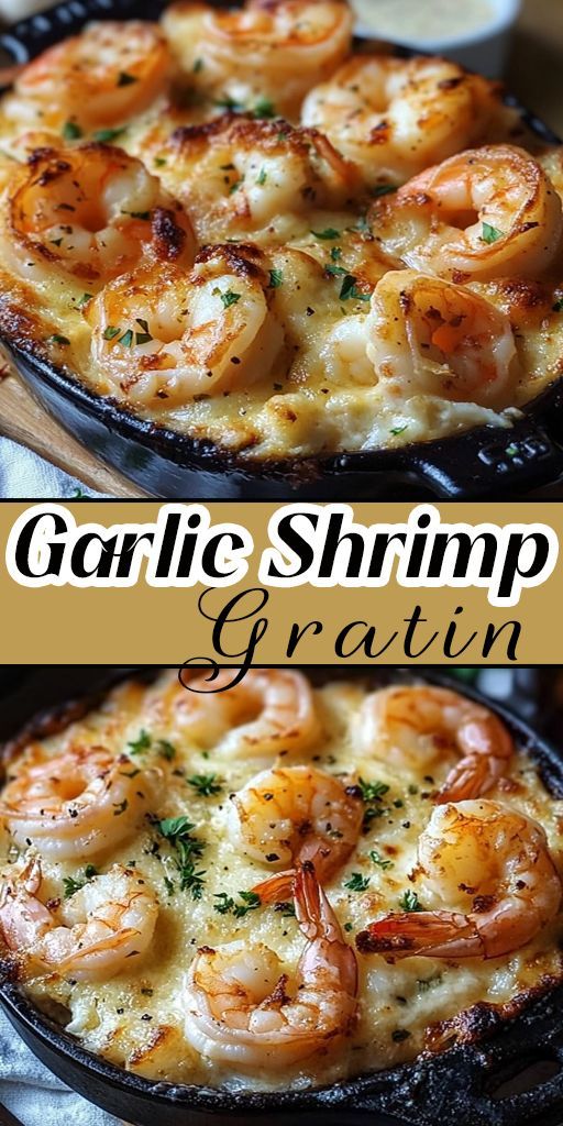 two images of garlic shrimp and gratin in pans with text overlay that reads garlic shrimp and gratin