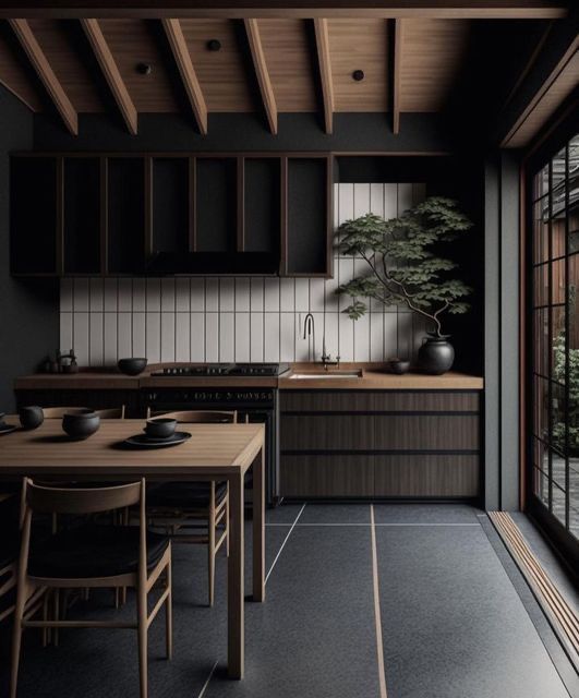 Japanese Interior Architecture, Dark Japanese Interior Design, Modern Japanese Interior Kitchen, Dark Japanese Interior, Japandi Interiors Dark, Dark Japandi Kitchen, Dark Interior Kitchen, Dark Japandi Interiors, Dark Japandi Living Room