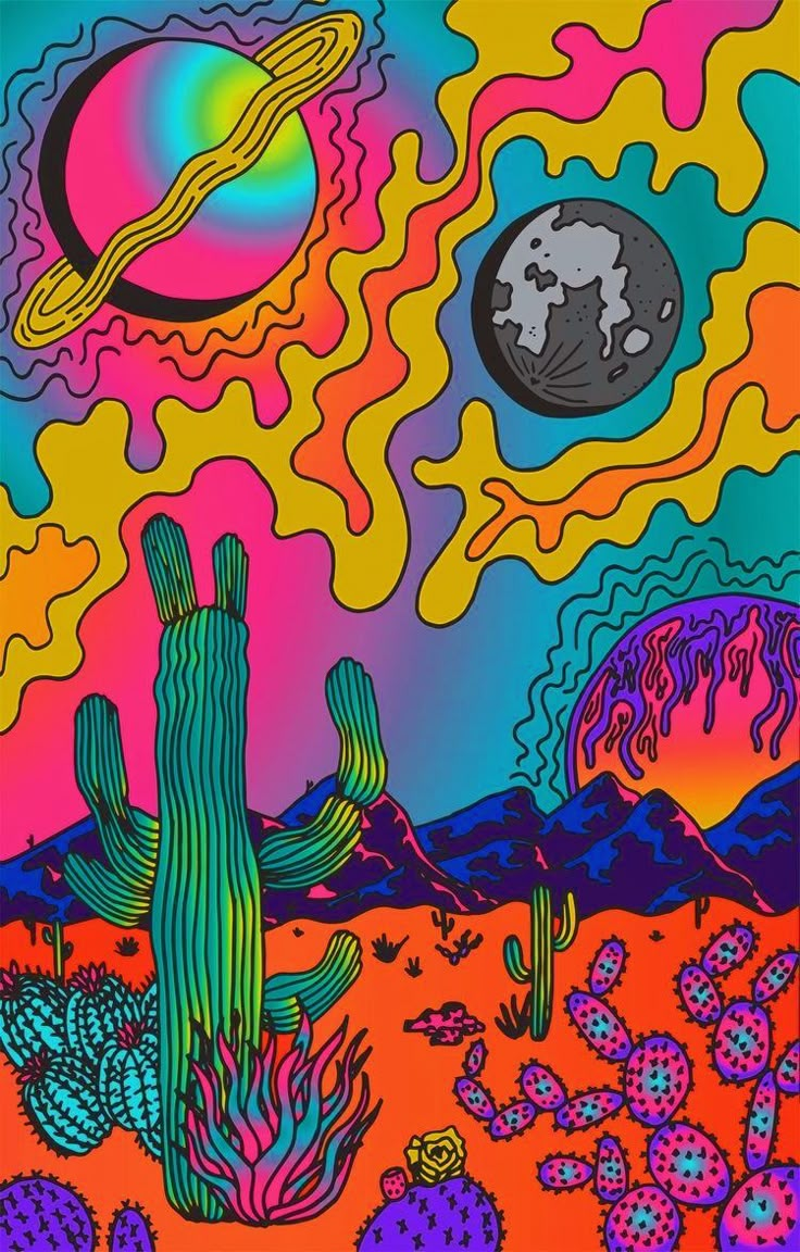 an image of a desert scene with cacti and planets