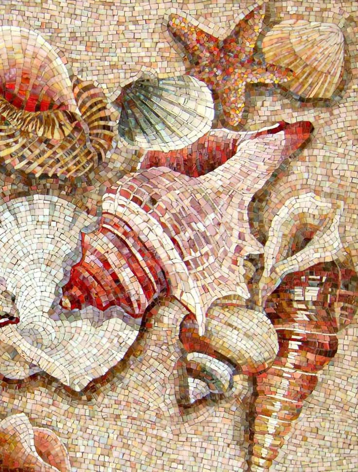 some shells and seahorses are on a mosaic tile wall in the shape of a starfish