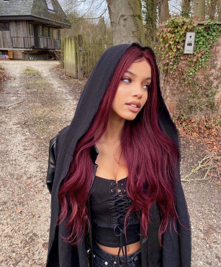 Burgundy Hair With Peekaboos, Quad Hair Color, Dark Red And Black Hair Ideas, Dark Red Eyebrows, Outfits For Dark Red Hair, Dark Black Red Hair, Maroon And Black Hair, Bright Burgundy Hair, Dark Red Hair Outfits