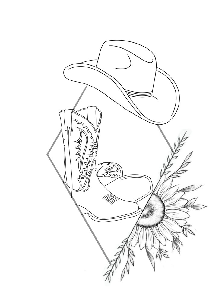 a drawing of a cowboy hat, boots and sunflowers on a white background