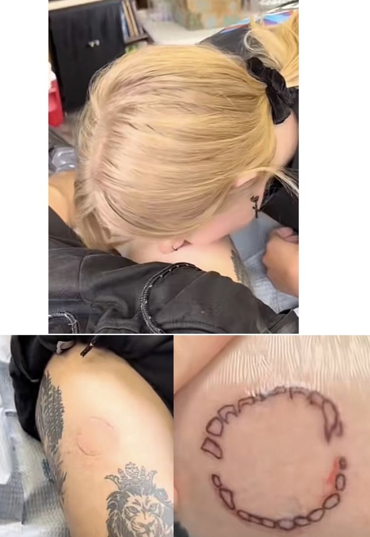 three pictures with different tattoos on them, one showing a woman's arm and the other shows a tattoo