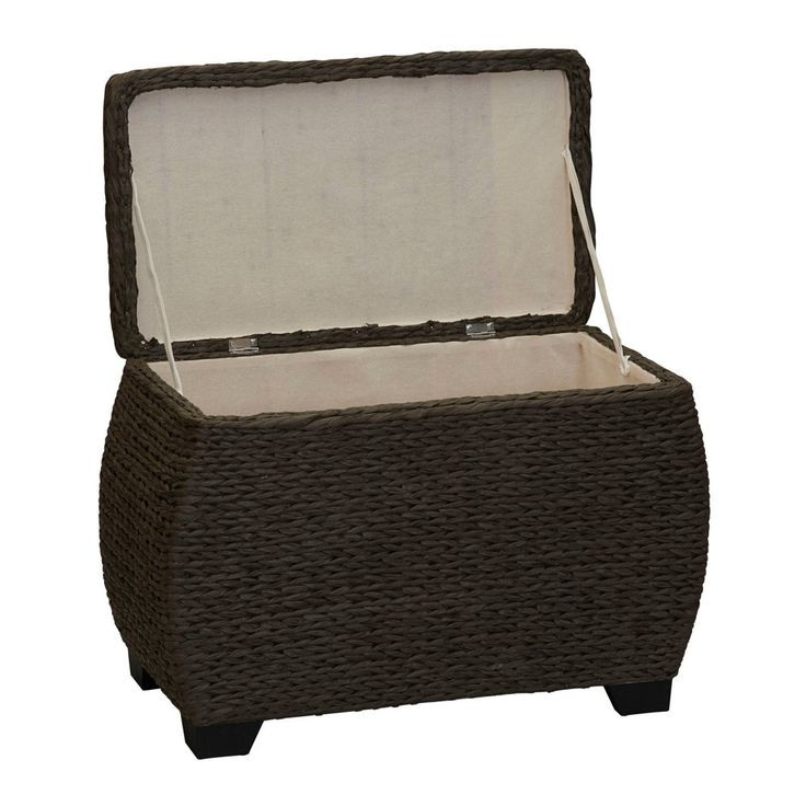 an outdoor wicker storage box is shown with the lid open to show the inside