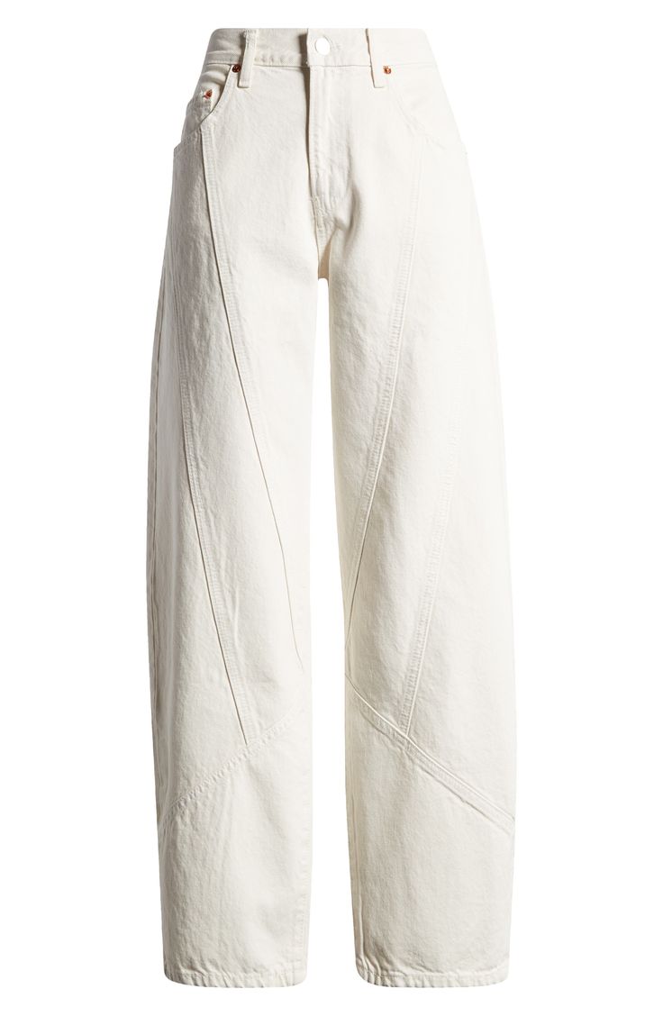 Hit refresh on white-jeans season with a with a sturdy, all-cotton denim pair turned out in a trending tapered silhouette with diagonal seaming. 30" inseam; 17" leg opening Zip fly with button closure Five-pocket style 100% cotton Machine wash, tumble dry Imported All White Wardrobe, Tapered Denim Jeans, Pants Trend 2024, Y Project Jeans, White Denim Pants Outfit, Urban Moodboard, Christian Pants, With Jean, Unique Trousers