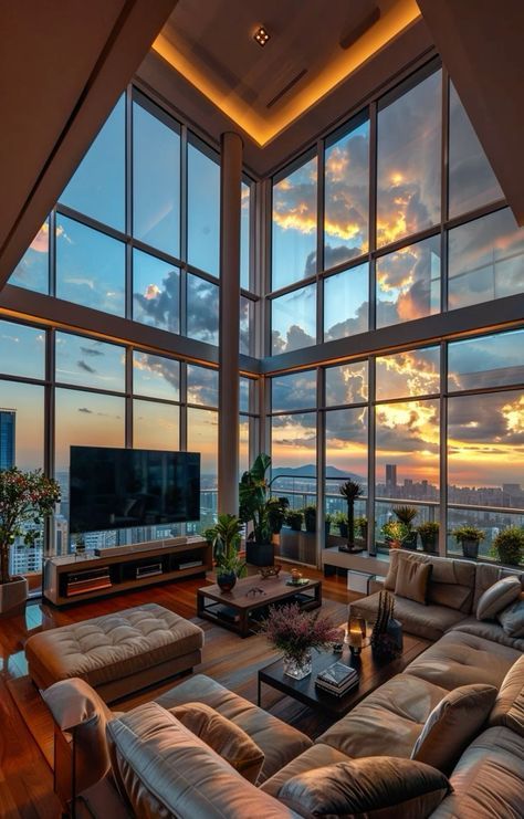 a living room filled with lots of furniture and large windows overlooking the city at sunset