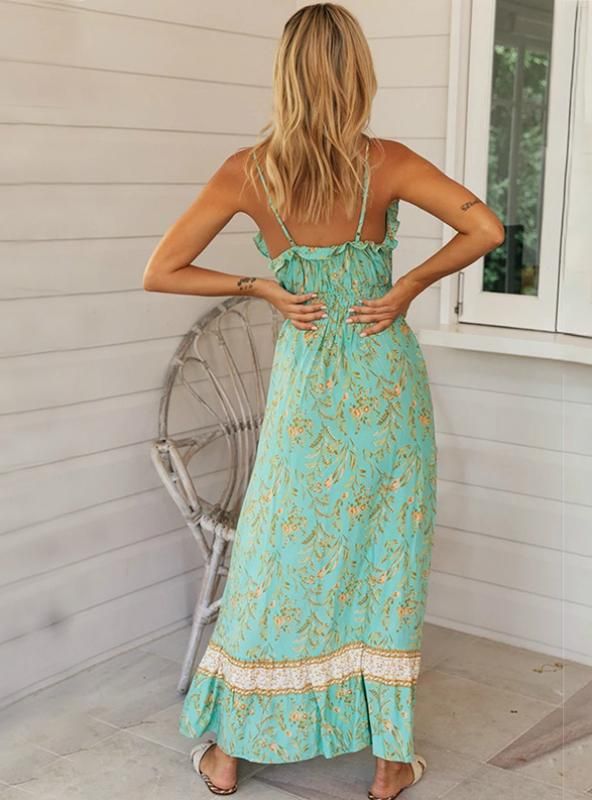 Material:CottonUnderwired:NoStyle:Loose , A-line , Sleeveless , Look-thinFeature:Floral Printed , Falbala , Split-jointNeckline:V-neck , Spaghetti-neckColor:GREENSize:S,M,L,XL Summer Fitted Light Green Maxi Dress, Light Green Beach Dress For Summer, Fitted Light Green Maxi Dress For Summer, Light Green Summer Beach Dress, Green Fitted Sundress With Spaghetti Straps, Fitted Green Sundress With Spaghetti Straps, Fitted Green Maxi Dress For Summer, Light Green Fitted Summer Dress, Casual Light Green Sleeveless Dress