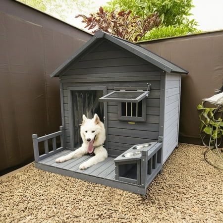 a dog is sitting in his kennel outside