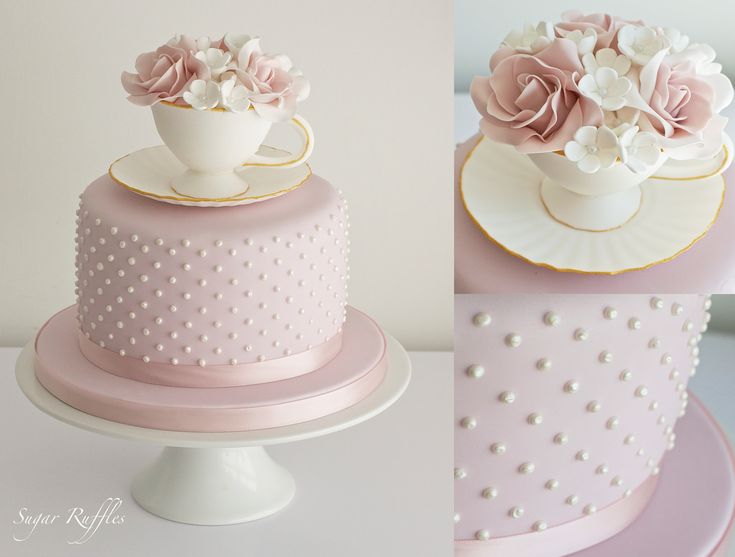 there are three different cakes with flowers on each cake stand, one is pink and the other is white