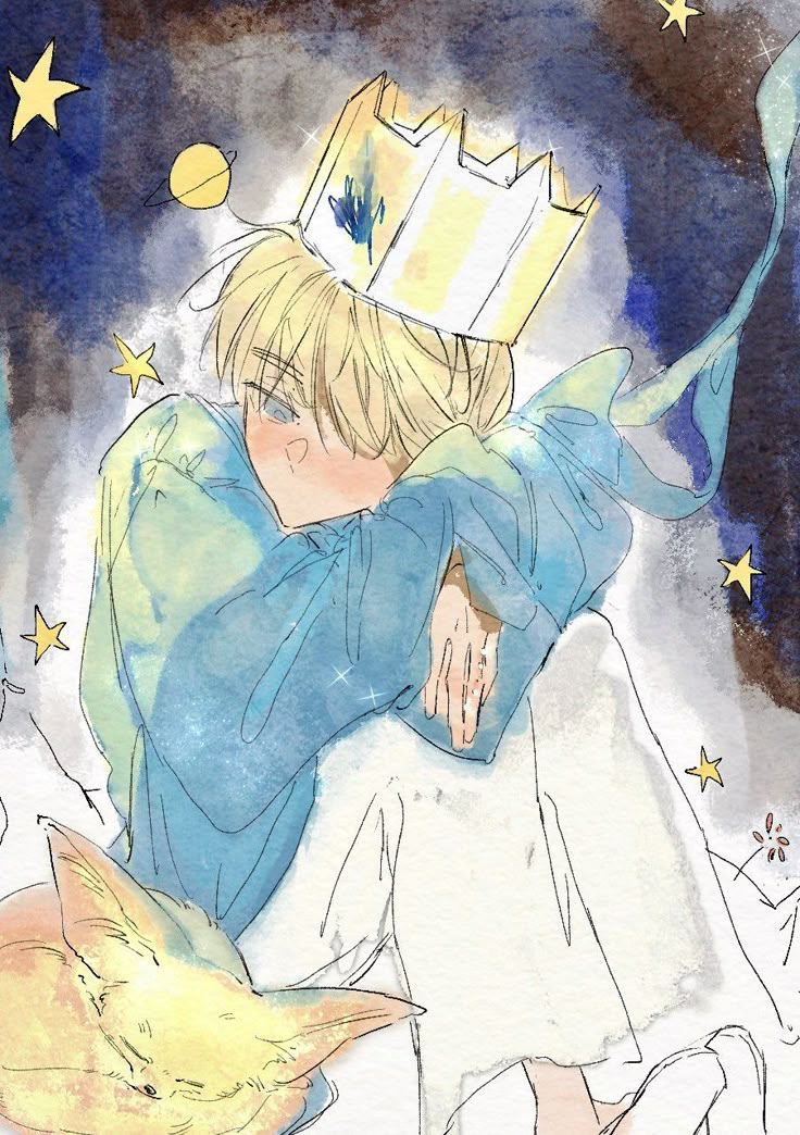 a watercolor painting of a boy with a crown on his head hugging a cat