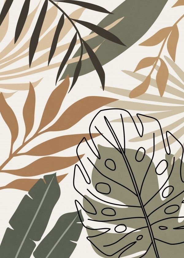 an illustration of leaves and plants on a white background with brown, green, beige and black colors