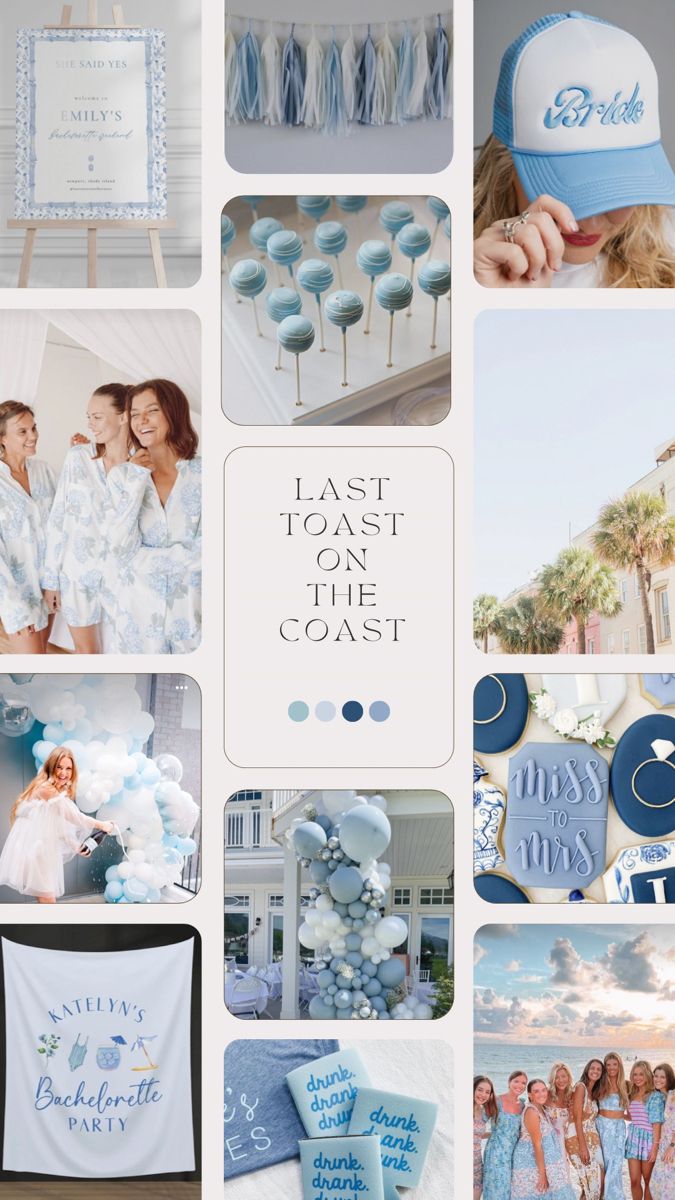 a collage of blue and white pictures with the words last toast at the coast