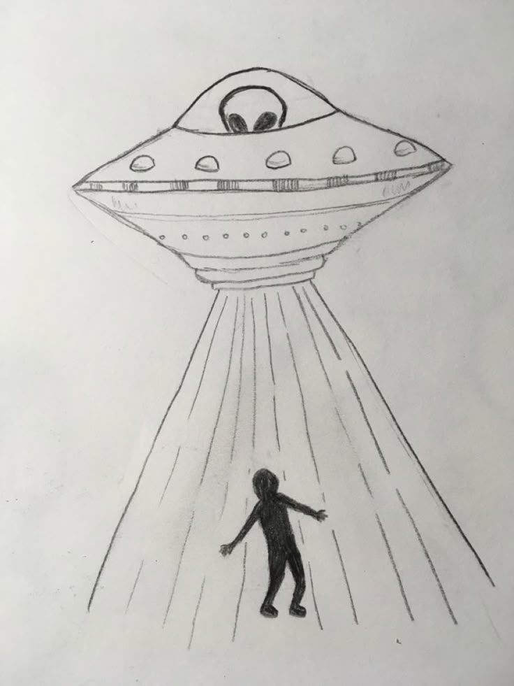 a drawing of a person standing in front of an alien ship