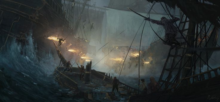 an artist's rendering of a pirate ship in the ocean with people on it