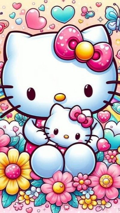 an image of hello kitty and her baby in the grass with flowers on it's side