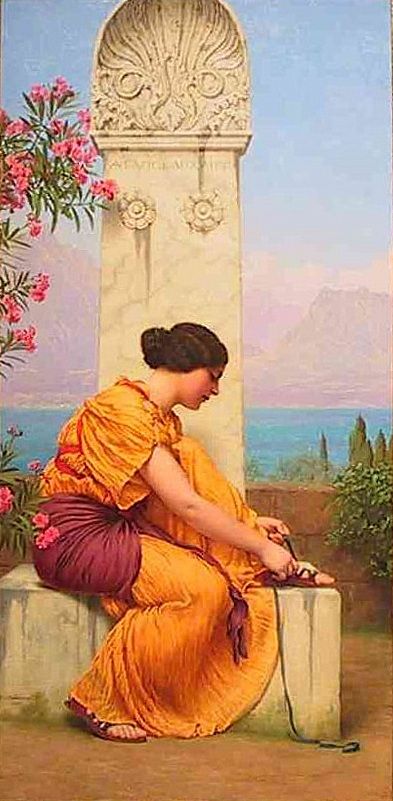 a painting of a woman in an orange dress sitting on a stone bench next to flowers