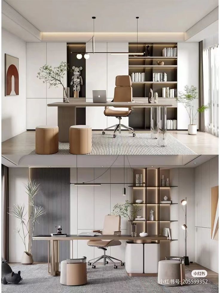 two pictures of the same room with different furniture and decor items in each one area