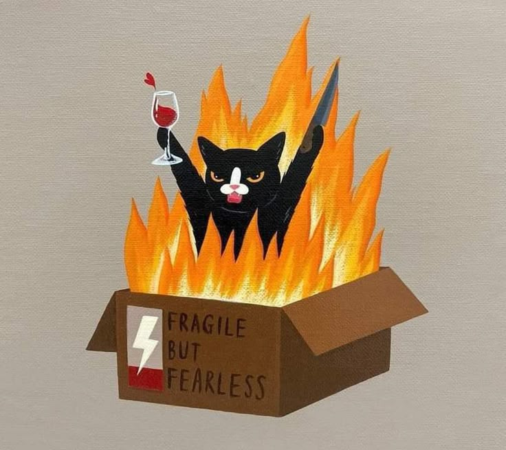 a black cat in a cardboard box on fire with a glass of wine and the caption fragile but fearless