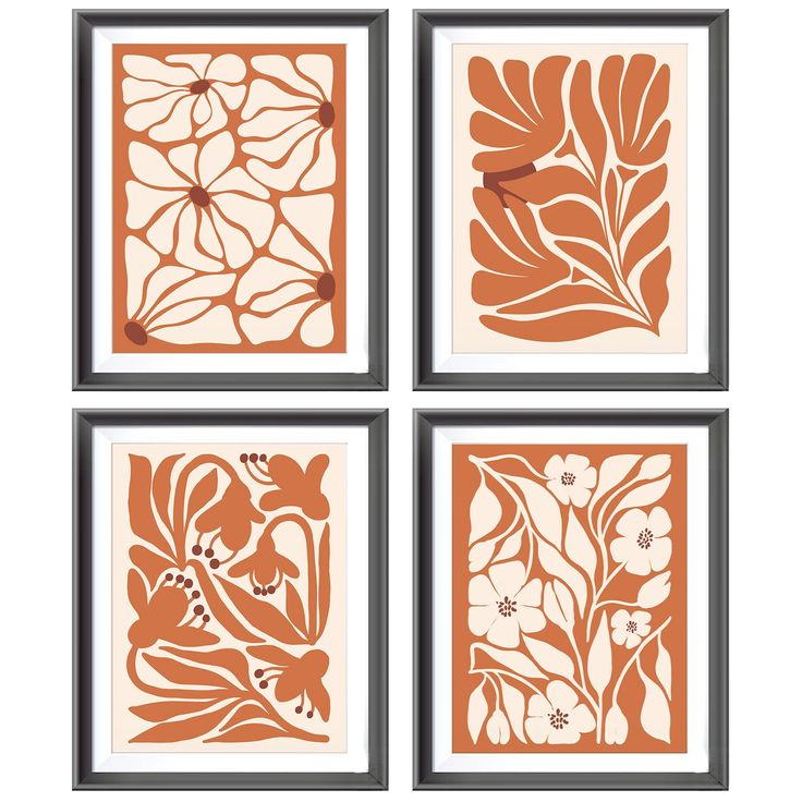 four orange and white flower prints on a wall