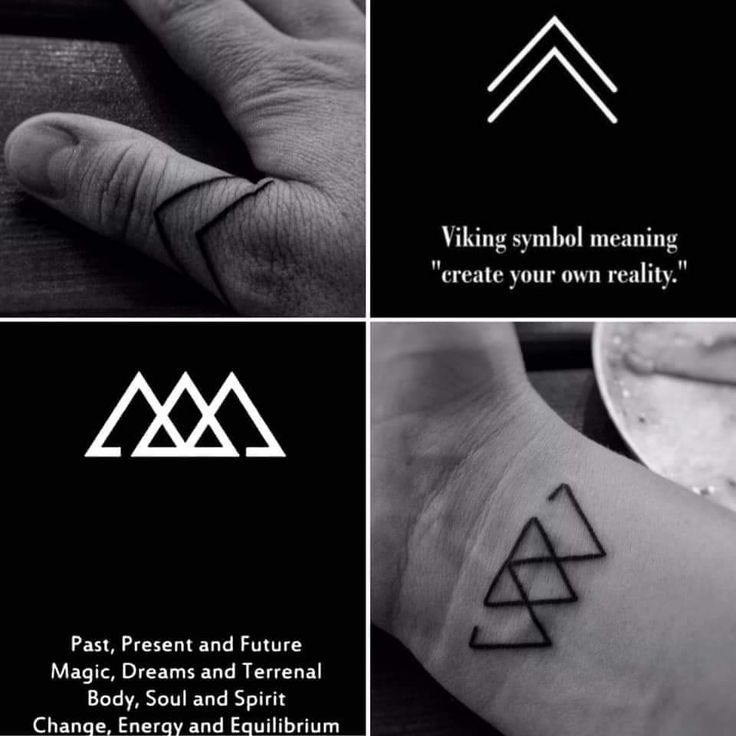 three different tattoos on the wrist and hand, one with an image of two triangles