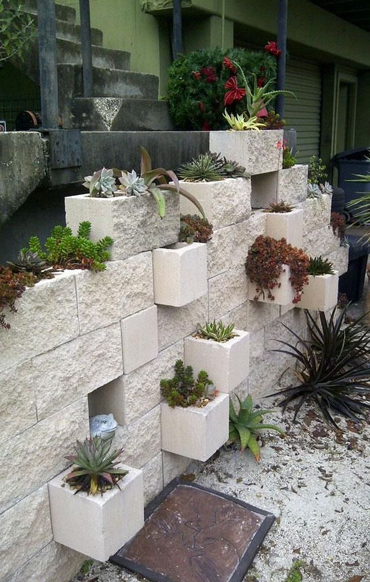 several cement planters are arranged on the side of a wall with succulents and other plants