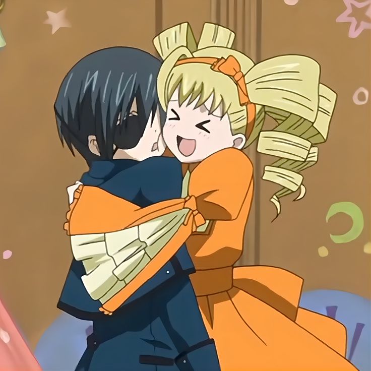 two anime characters hugging each other in front of a wall with stars and confetti