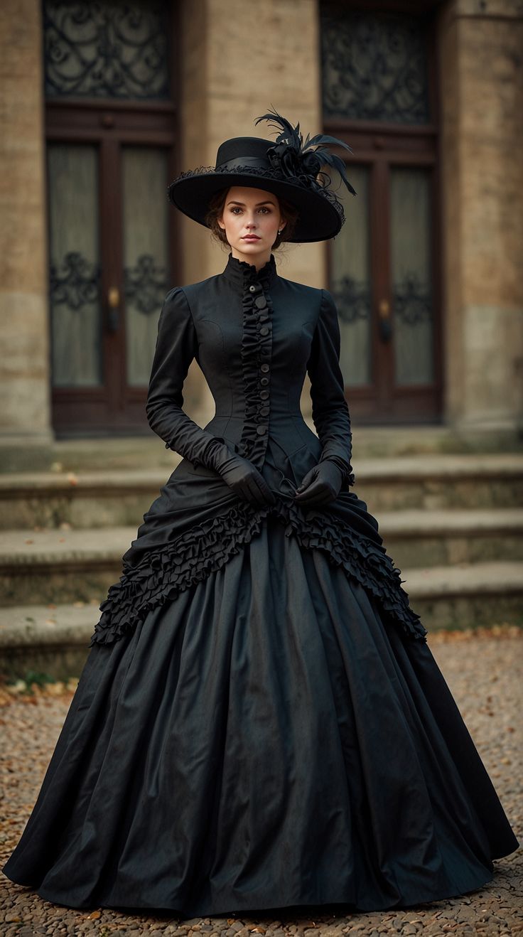 Victorian Outfits Women, Evening Gown Outfit, Victorian Prom Dress, Edwardian Evening Gown, Gothic Prom Dresses, Dresses With Long Sleeve, Victorian Gothic Dress, Gothic Prom, Gothic Prom Dress