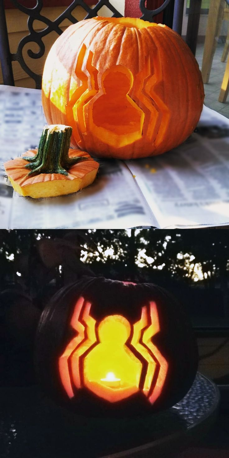 two pumpkins that have been carved to look like spider man