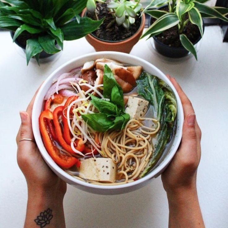 a person holding a bowl of food with vegetables and tofu in it next to potted plants