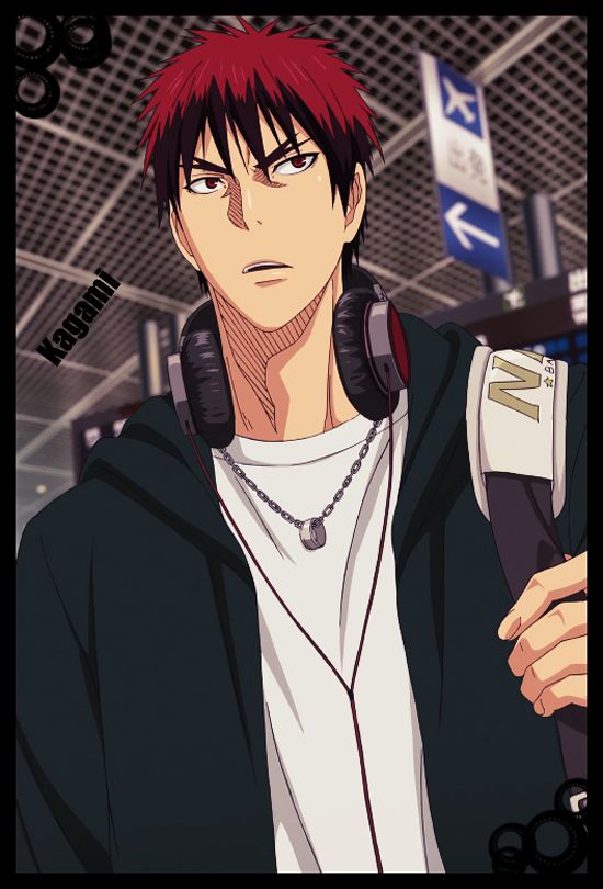 an anime character with headphones on holding a cell phone in his hand and looking at the camera