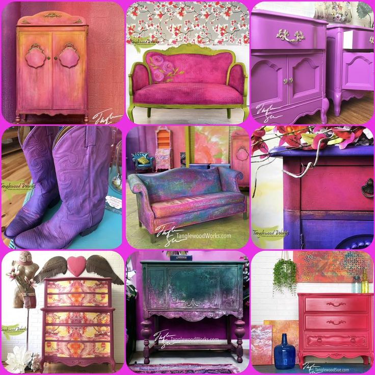 the collage shows different colored furniture and decor items in pink, purple, green, orange, and yellow