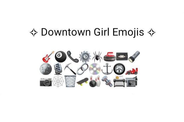 the words downtown girl emojs are surrounded by various items and symbols on a white background