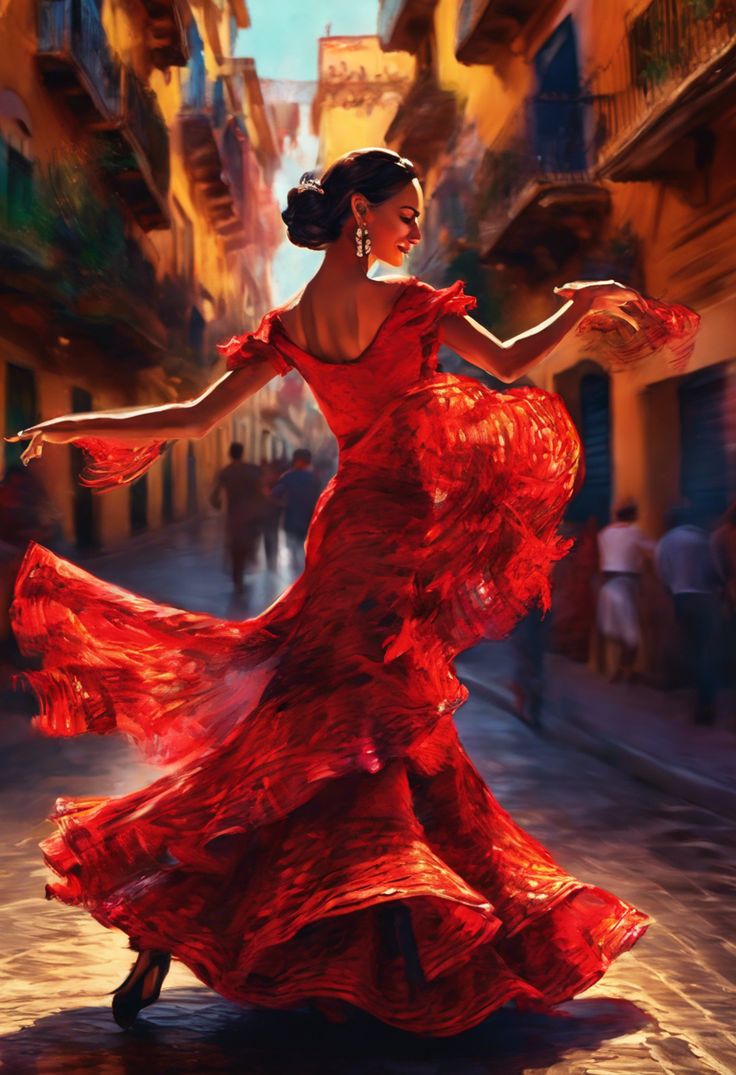 a woman in a red dress is dancing on the street with buildings and people behind her