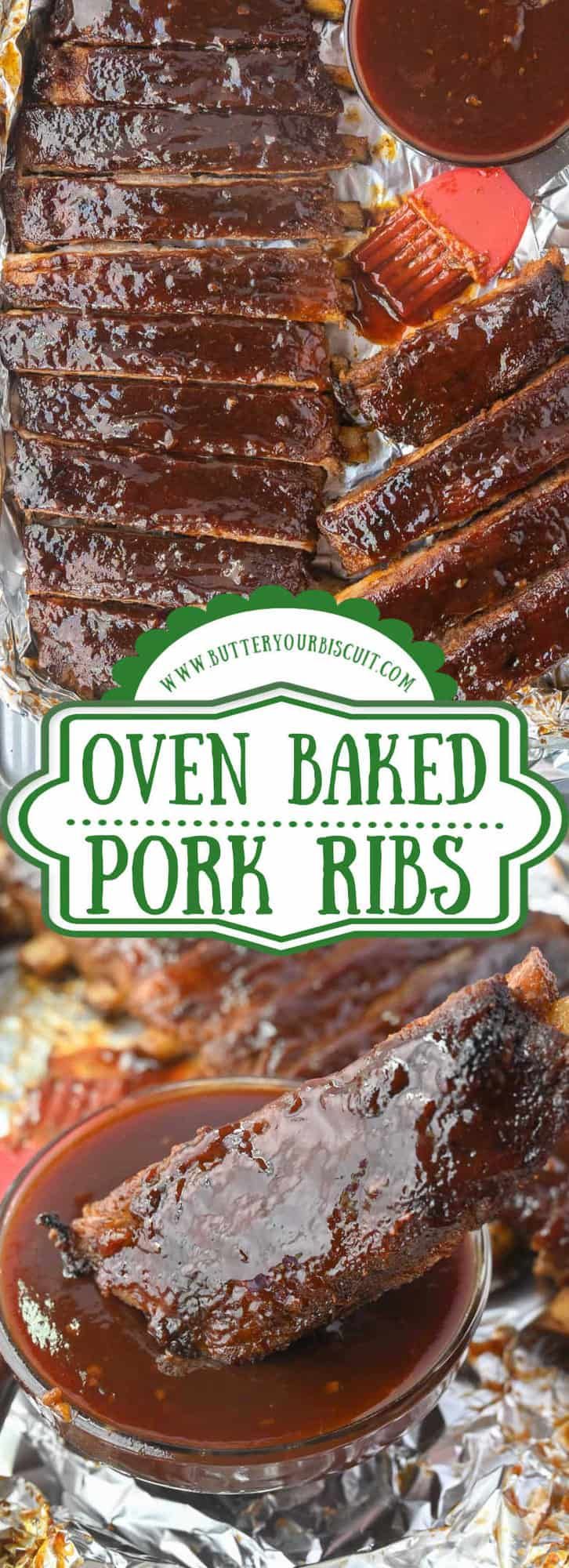 oven baked pork ribs in tin foil with bbq sauce on the side and green label over top