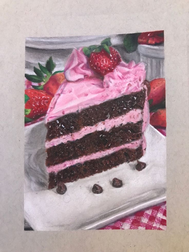 a piece of cake with pink frosting and strawberries on top sits on a plate