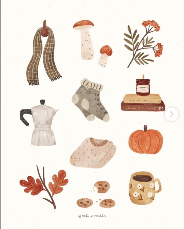 an illustration of autumn items including socks, mitts and coffee