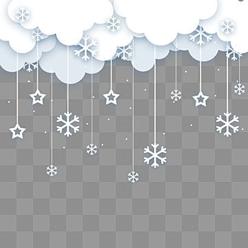 snowflakes and stars are hanging from strings on a gray background with white clouds