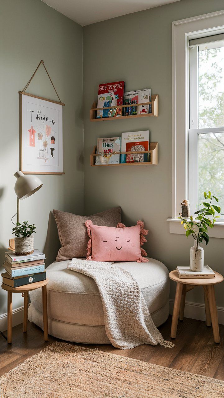 a bedroom with a round bed and bookshelves on the wall next to a window