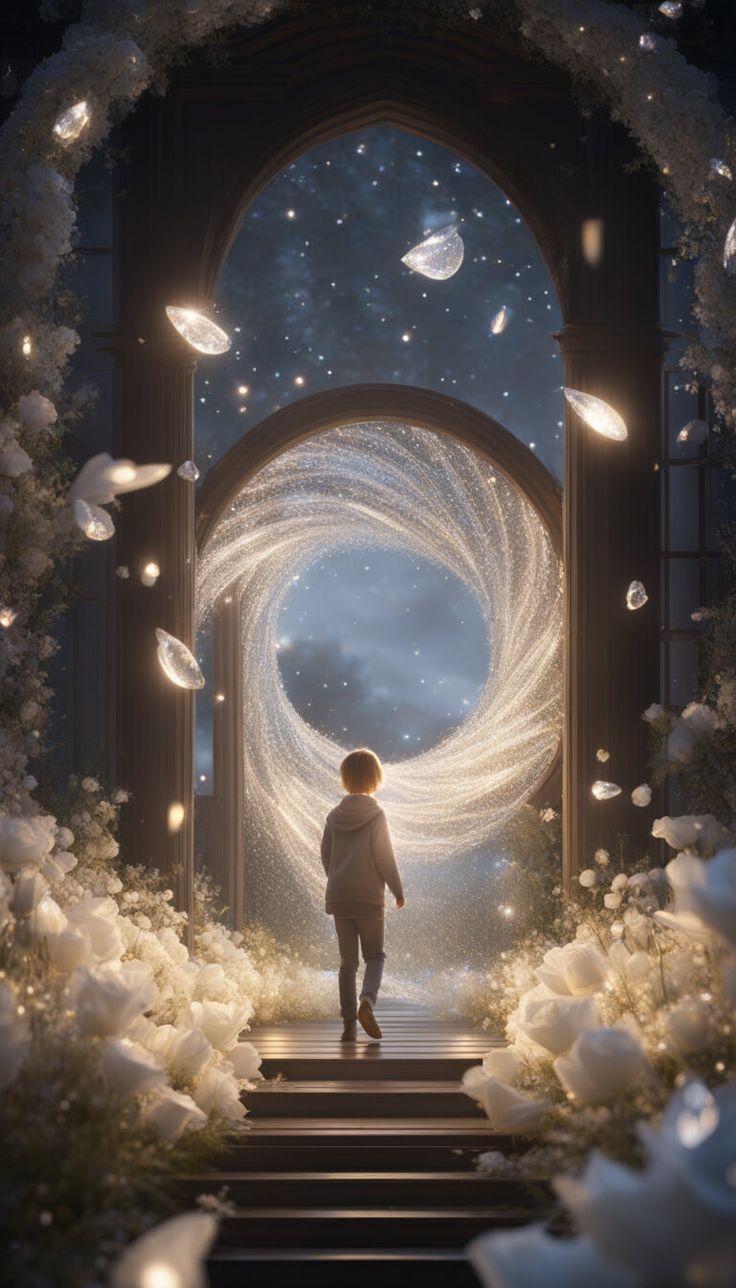 a person standing on steps in front of an arch with lights and flowers around it