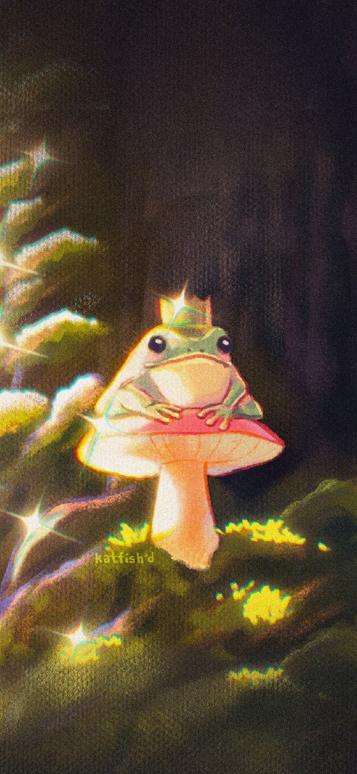 a painting of a frog sitting on top of a leafy green field with trees in the background