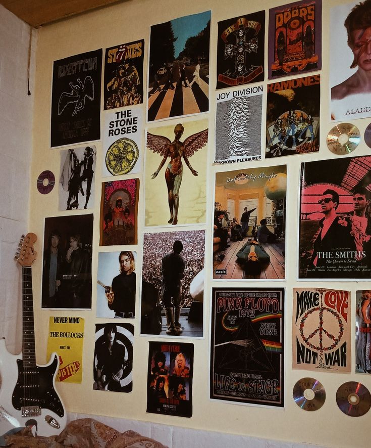 rock grunge room posters room guitar 90s Rock N Roll Apartment Decor, Rock And Roll Dorm Room Ideas, Rock N Roll House Aesthetic, Rock And Roll Wall Art, Thrift Flip Room Decor, Rocker Room Decor, 70s Rock Decor, Rock And Roll Room Ideas, Diy Rock N Roll Decor