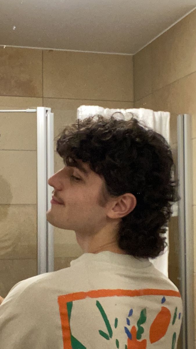 Super Curly Mullet, Men Curly Wolfcut, Mens Curly Hair Cuts, Curly Hair Mullet Boys, Curly Mullet Boy, Wolf Cut Men Curly, Long Curly Mullet Men, Layered Mullet Men, Mullet And Mustache