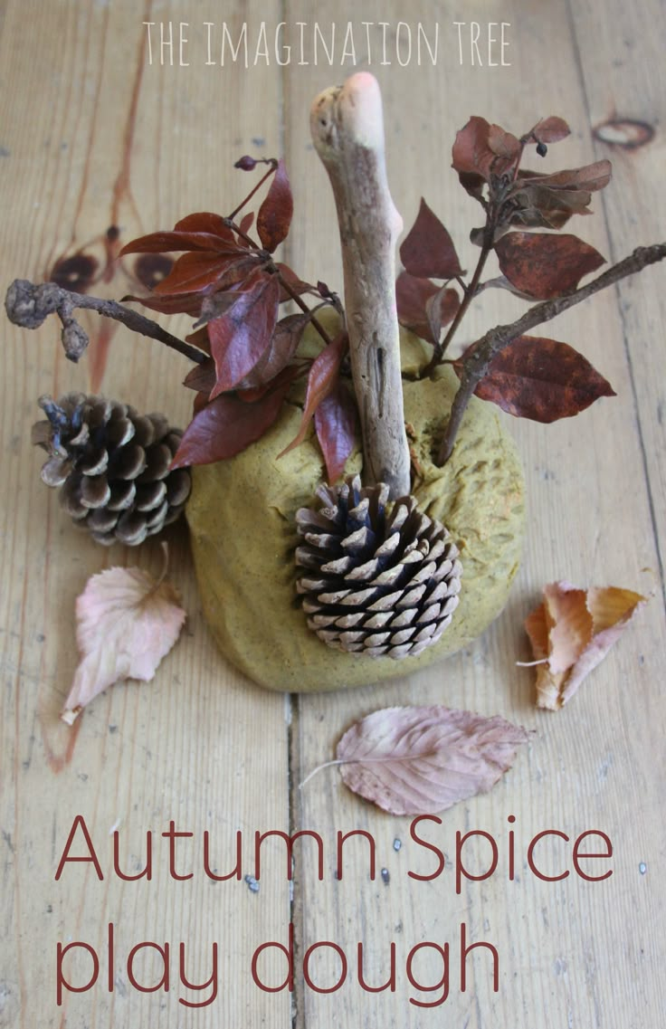 the autumn spice play dough is made with pine cones and leaves, as well as an acorn