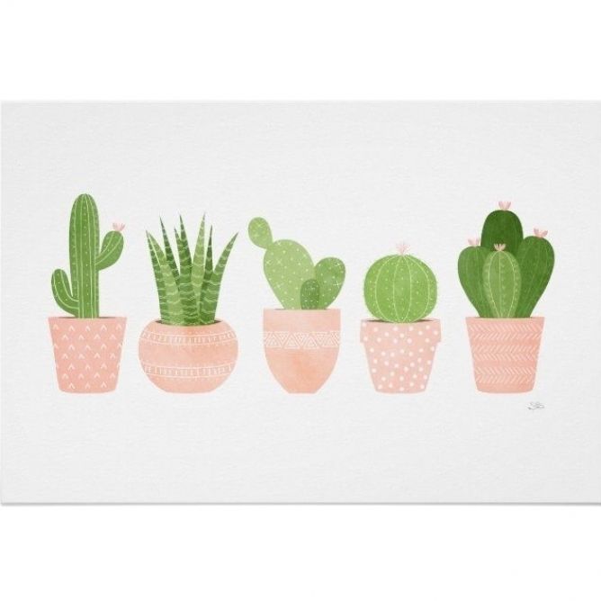 a painting of different kinds of cactuses in pink and green pots with polka dots on them