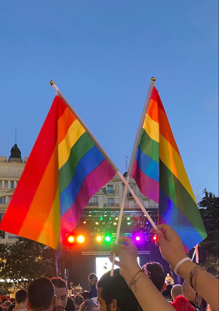 people holding rainbow flags in front of a crowd at an outdoor music festival with bright lights on the stage