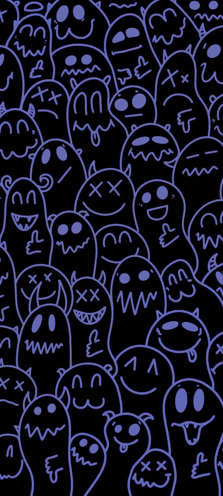 a group of neon colored cartoon faces on a black background with different colors and sizes