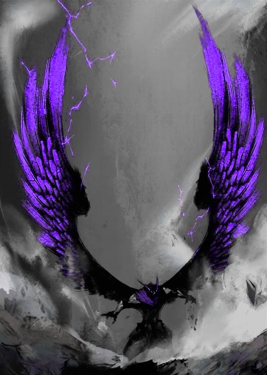 two purple wings are in the middle of a black and white photo with clouds behind them