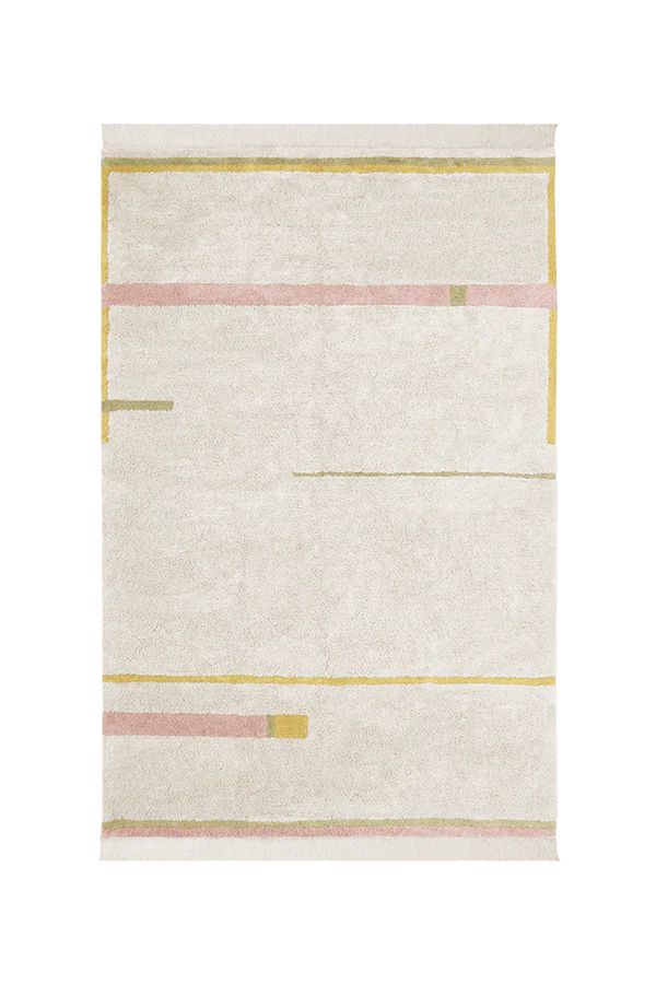 a white rug with pink, yellow and green stripes on the bottom half of it