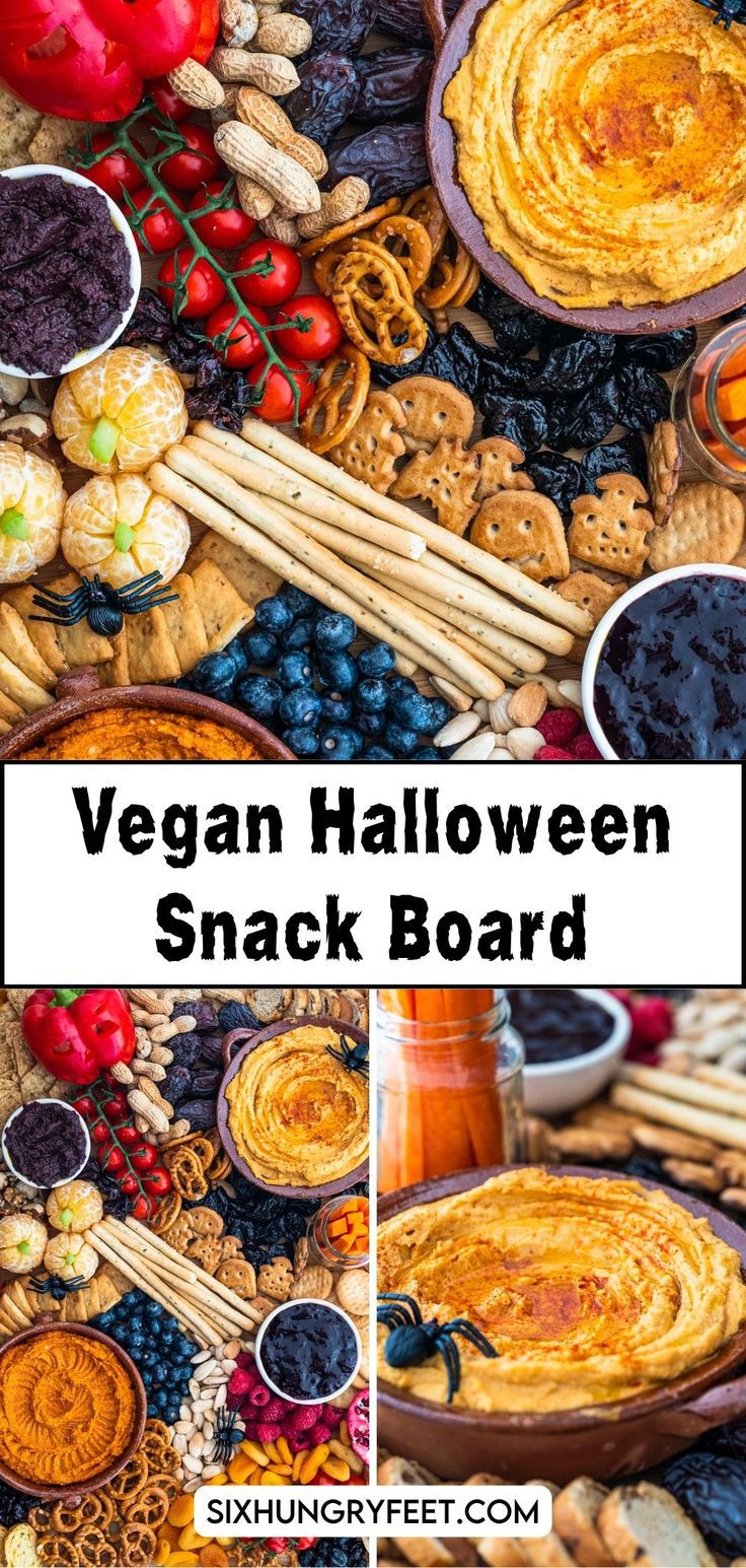 snack board for halloween Halloween Charcuterie Board Vegetarian, Halloween Veggie Charcuterie Board, Vegan Halloween Charcuterie Board, Halloween Snack Board, Crackers Homemade, Easy Halloween Snacks, Themed Recipes, Homemade Dips, Pumpkin Hummus