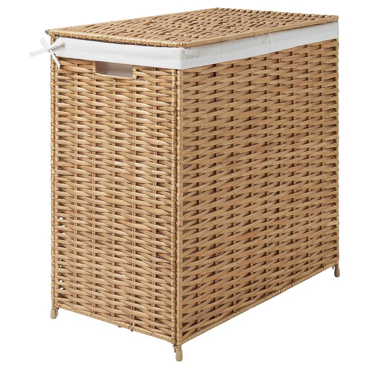 a wicker laundry hamper with white lining on the top and bottom lid,